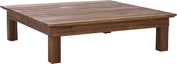 SAFAVIEH Outdoor Patio Furniture Collection - Napoli Teak Brown & Cream Solid Wood 4-Piece Sectional Sofa Set with Coffee Table, Durable Cushions, Modern Outdoor Seating (PAT6806A)