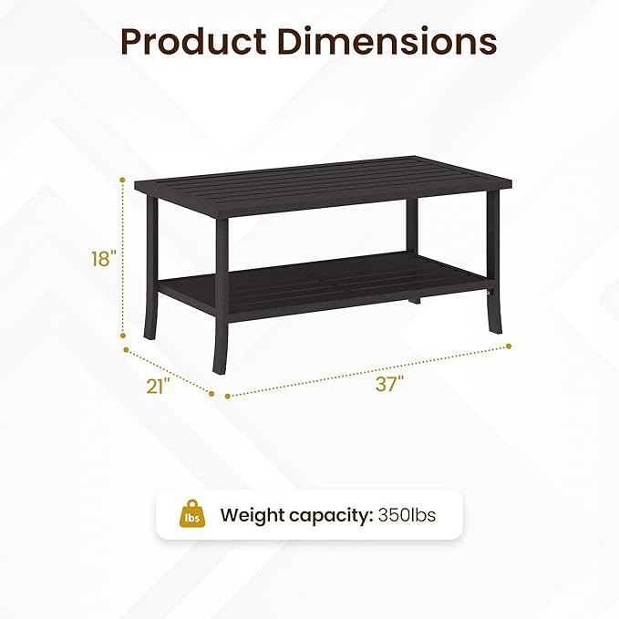 Kiss the Water Metal Outdoor Coffee Table, 2-Tier Storage Square Patio Side Table, All-Weather Coffee Side Table for Patio End Porch Backyard Garden, Khaki/Large