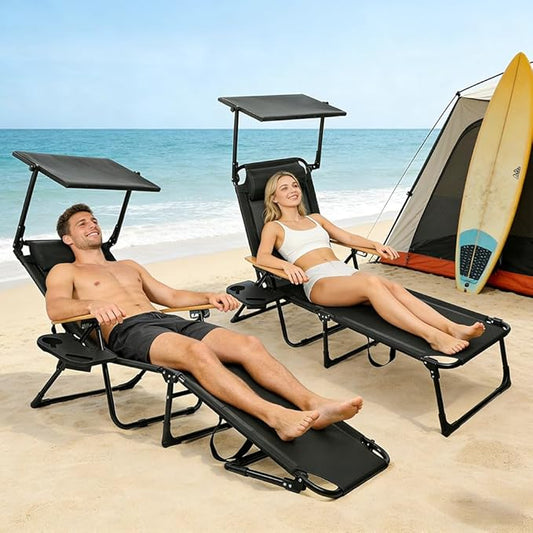 Folding Outdoor Chaise Lounge Chair with Arms, 4 Position Sunbathing Lounge Chair with Shade, Sun Tanning Chairs for Outside Portable with Cup Holders for Beach Patio Camping Poolside Yard (Black- B)
