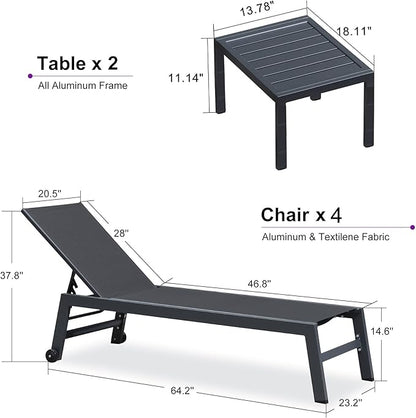 PURPLE LEAF Patio Chaise Lounge Set for 4 Outdoor Chaise Lounge Chair with Aluminum Frame and Easy-to-Move Wheels Pool Lounge Chairs for Deck Yard Poolside Table Included, Dark Grey