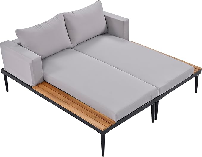 2 in 1 Outdoor Padded Chaise Lounges, Patio Metal Daybed with Wood Topped Side Spaces for Drinks - Photo 4