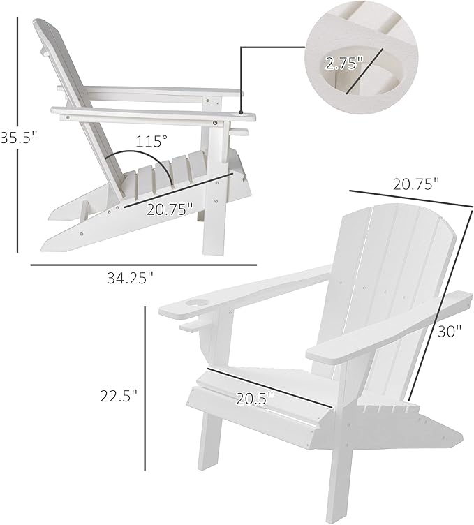 Outsunny Adirondack Chair with Cup Holder, All Weather Patio Chair HDPE Lounger, Fire Pit Seating High Back and Wide Seat for Outdoor, Backyard, Garden, Deck, Lawn, White