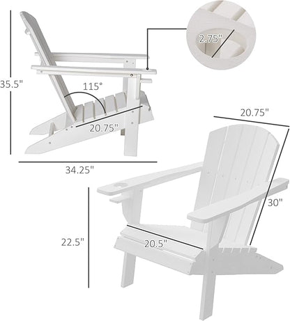 Outsunny Adirondack Chair with Cup Holder, All Weather Patio Chair HDPE Lounger, Fire Pit Seating High Back and Wide Seat for Outdoor, Backyard, Garden, Deck, Lawn, White