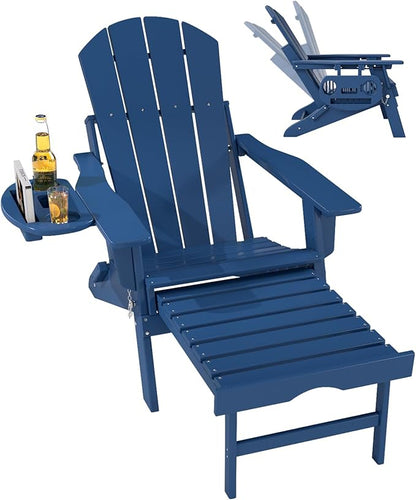 FOOWIN Folding Adjustable Adirondack Chair with Retractable Ottoman, HDPE Adirondack Chair w/4 in 1 Cup Holder Trays,All-Weather Resistant Fire Pit Chair for Outdoor Patio Lawn, Navy Blue