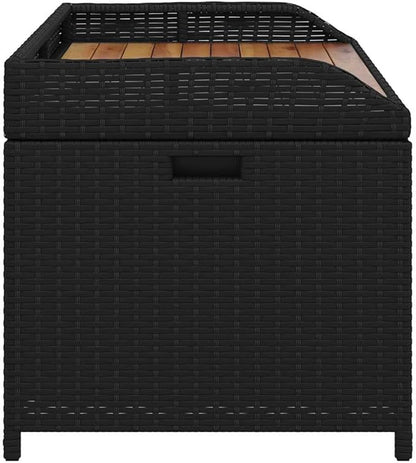 Outdoor Storage Bench with Acacia Wood Top and Synthetic Rattan, 2-Seater Black Rectangular Contemporary Patio Furniture for Garden Balcony
