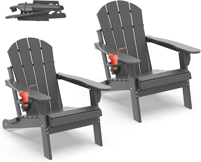 IVY&LANE Folding-Adirondack-Chairs-Set-of-2 | HDPE Plastic | Outdoor Fire Pit Chair with Cup Holder | Grey | Poly | Weather Resistant | for Patio Deck Poolside Garden Beach