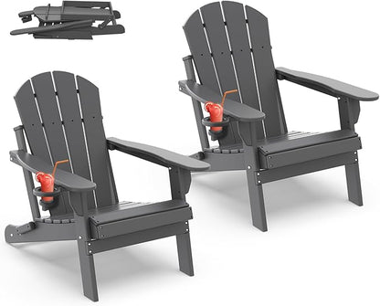 IVY&LANE Folding-Adirondack-Chairs-Set-of-2 | HDPE Plastic | Outdoor Fire Pit Chair with Cup Holder | Grey | Poly | Weather Resistant | for Patio Deck Poolside Garden Beach