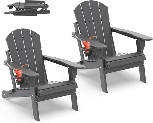 IVY&LANE Folding-Adirondack-Chairs-Set-of-2 | HDPE Plastic | Outdoor Fire Pit Chair with Cup Holder | Grey | Poly | Weather Resistant | for Patio Deck Poolside Garden Beach
