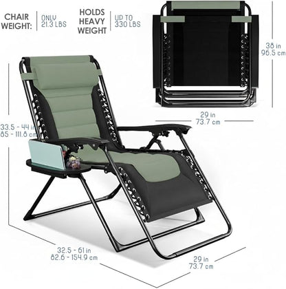 Nestl Outdoor Padded Zero Gravity Chair Set of 2, Patio Lounge Chair Outdoor Recliner, Oversized Anti Gravity Lounger with Adjustable Headrest and Cup Holder, Foldable for Camping- Black/Sage Green