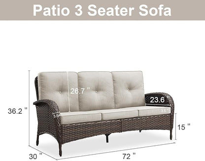 Belord Outdoor Patio Furniture - Wicker Sofa with Removable Cushion, 3 Seater Rattan Couch with Deep Seat, High Backrest, All-Weather for Balcony, Deck, Backyard, Brown/Beige