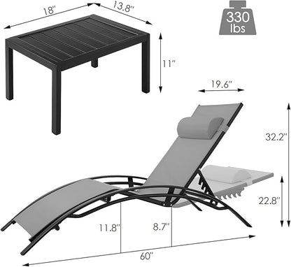 AthLike 3 pcs Poolchairs Patio Chaise Lounge Set with Headrest, 5-Level Adjustable Sunbathing Tanning Poolside Recliner Chairs with Side Table for Outdoor Beach (Grey)