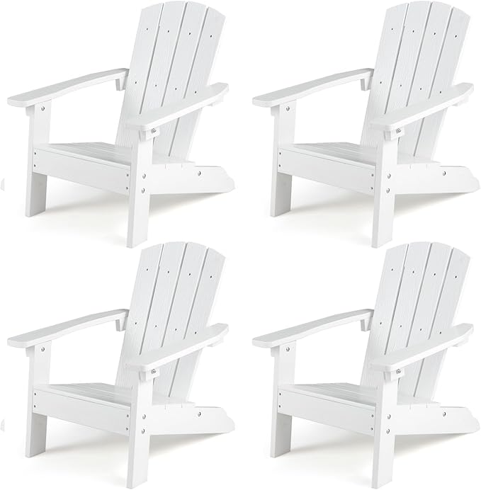 KOTEK Kids Adirondack Chair Set of 4, Plastic Toddler Lawn Chair with Ergonomic Seat, Wood-Grain Texture, Easy to Assemble, All-Weather Outdoor Kids Chairs for Patio, Garden, Backyard (White)