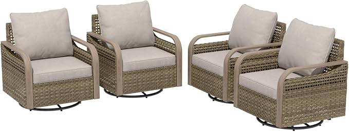 EAGLE PEAK Modern Wicker Outdoor Glider Rocking Chair, Swivel Rocker, Rattan Patio Furniture for Yard Deck Porch Garden, 4 Chairs, Brown/Gray
