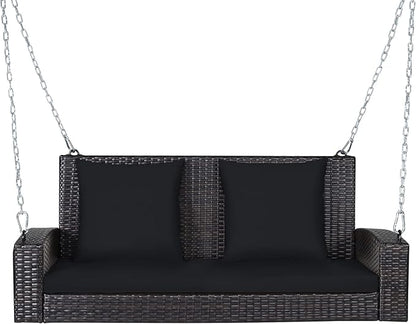 RELAX4LIFE Porch Swing 2-Seat Patio Rattan, Wicker Porch Swings Outdoor W/Two 7.9 Ft Solid Steel Chain, Comfortable Back & Seat Cushions, for Front Porch, Garden, Backyard Patio Swing (Black)