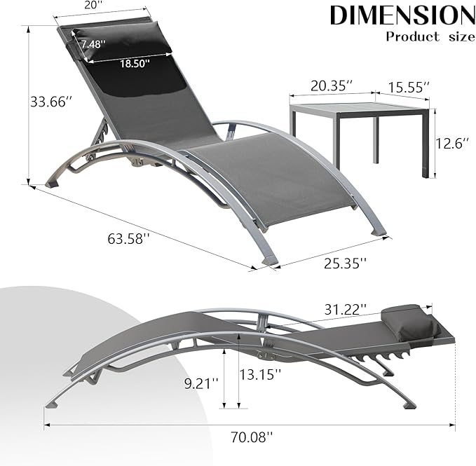 Domi Pool Lounge Chairs Set of 3, Adjustable Aluminum Outdoor Chaise Lounge Chairs with Metal Side Table, All Weather for Deck Lawn Poolside Backyard -Dark Grey Textilene