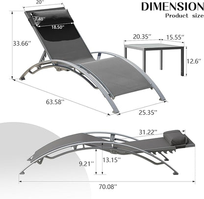 Domi Pool Lounge Chairs Set of 3, Adjustable Aluminum Outdoor Chaise Lounge Chairs with Metal Side Table, All Weather for Deck Lawn Poolside Backyard -Dark Grey Textilene
