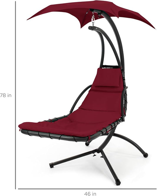 Best Choice Products Outdoor Hanging Curved Steel Chaise Lounge Chair Swing w/Built-in Pillow and Removable Canopy - Burgundy