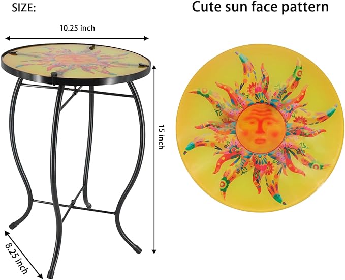Patio Side Table Outdoor Metal Accent Table Round Glass Balcony Plant End Table Garden Lawn Indoor Coffee Table