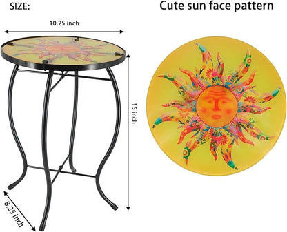Patio Side Table Outdoor Metal Accent Table Round Glass Balcony Plant End Table Garden Lawn Indoor Coffee Table