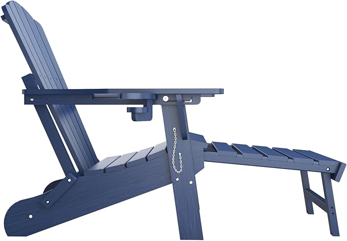 Adjustable Adirondack Chairs with Retractable Ottoman, HDEP Folding Adirondack Chair with Footrest & Cup Holder, All Weather Fire Pit Chair for Outdoor,Navy Blue
