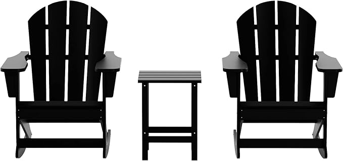 WO WESTIN OUTDOOR HDPE Laguna Outdoor Rocking Poly Adirondack Chair with Side Table 3-Piece Set, Black