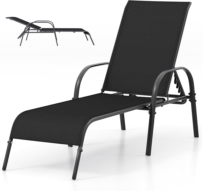 Nightcore Chaise Lounge Chair Outdoor, Pool Chair with 5 Adjustable Backrest, Patio Lounge Chairs with Breathable Fabric, Comfortable Armrest, Chaise Lounge for Patio, Pool, Bench (1, Black)