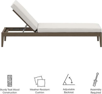 Modway Northlake Teak Outdoor Chaise Lounge Chair in Weathered Gray White – Adjustable Wood Poolside Recliner with All-Weather Cushion