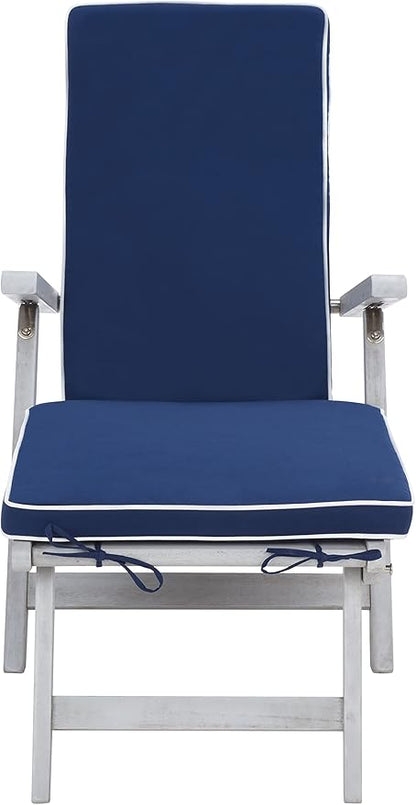 SAFAVIEH Outdoor Collection Palmdale Grey Solid Wood/Navy Cushion Chaise Lounge Chair (PAT7015B)