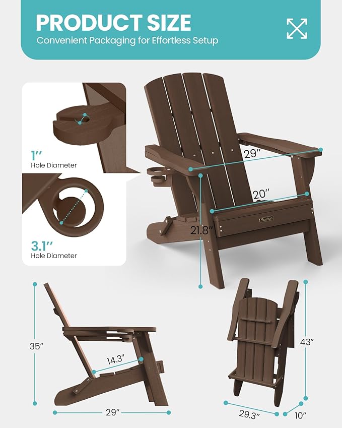 Folding Adirondack Chair, HDPE All-Weather Fire Pit Chairs, Plastic Adirondack Chairs with 2 Cup Holder, Outdoor Lawn Chair for Patio Garden (Brown)