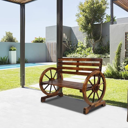 Outvita Wooden Garden Bench, Outdoor Rustic Wagon Wheel Bench with Armrest & Fir Construction for Garden Porch Backyard Patio Park, Seats 2 Person Carbonized