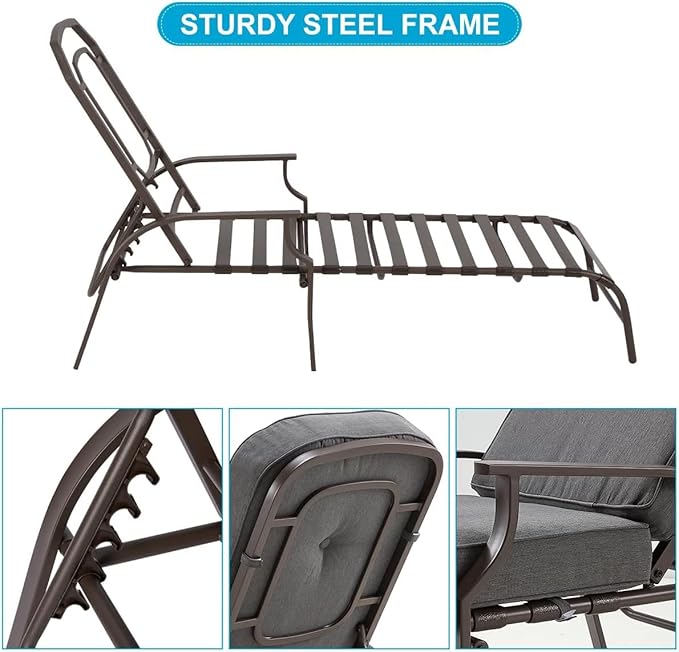 U-MAX Adjustable Outdoor Chaise Lounge Chair Patio Lounge Chair Recliner Furniture with Armrest and Cushion for Deck, Poolside, Backyard (Grey, 2PCS)