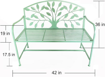 Hi-Line Gift Ltd. 42in Blue Metal Garden Bench Tree Pattern Patio Yard Seat
