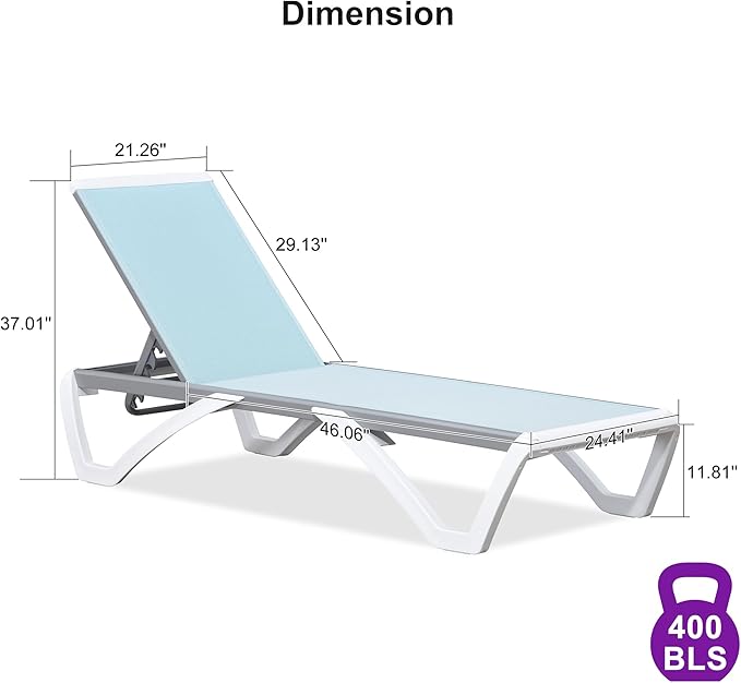PURPLE LEAF Patio Chaise Lounge Chair Outside Aluminum Plastic Stackable Tanning Chairs for Pool Sunbathing Beach Deck Outdoor Lounger, Light Blue