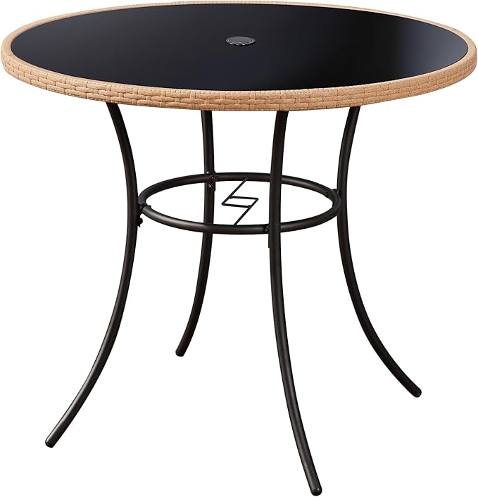 ECOTOUGE Outdoor Round Patio Desk, Wicker Dining Table with Umbrella Hole, Tempered Glass Top for 4-5 Persons, Bistro Rattan Furniture Garden Tables for Balcony, Backyard, Black