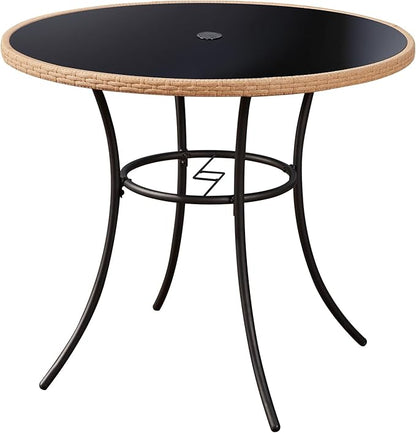 ECOTOUGE Outdoor Round Patio Desk, Wicker Dining Table with Umbrella Hole, Tempered Glass Top for 4-5 Persons, Bistro Rattan Furniture Garden Tables for Balcony, Backyard, Black