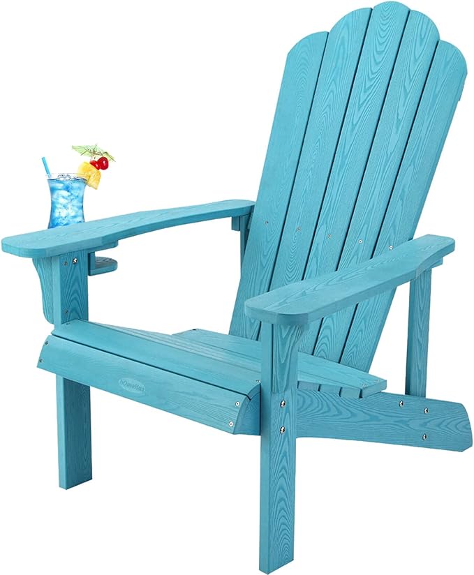 Adirondack Chair, Hard Plastic Weather Resistant Adirondack Chair with Cup Holder, Comfortable Easy to Assemble and Maintain, Outdoor Chair for Patio, Backyard Deck, Fire Pit & Lawn Porch ( Lake Blue)