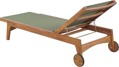 Christopher Knight Home Tristy Chaise Lounge Chair Outdoor, Acacia Wood Frame Sunbathing Pool Lounger, Adjustable Backrest Single Lounge Sofa, Patio Lounge Chaise for Poolside, Green + Natural