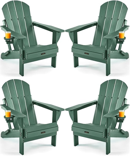 Ciokea Folding Adirondack Chair 4 Pack, Patio Adirondack Chair Weather Resistant, Plastic Fire Pit Chair with Cup Holder, Lawn Chair for Outdoor Porch Garden Backyard Deck (Green)