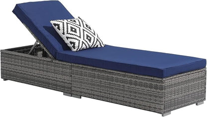 Patiorama Outdoor Patio Chaise Lounge Chair, Elegant Reclining Adjustable Pool Rattan Chaise Lounge Chair with Navy Blue Cushion, Grey PE Wicker, Steel Frame