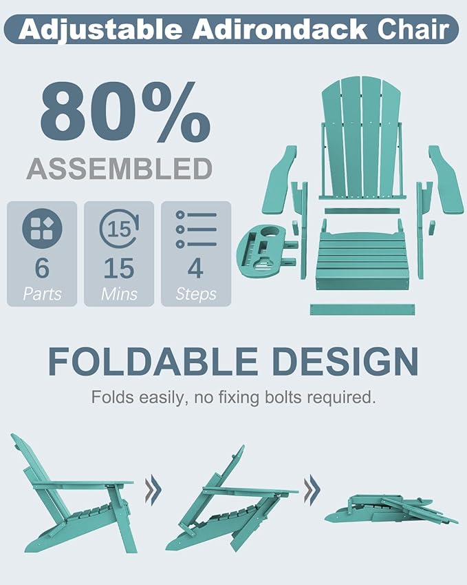 Adjustable Adirondack Chair Set of 8 with Cup Holder, All Weather HDPE Fire Pit Chairs for Deck, Backyard, Patio, Lake Blue