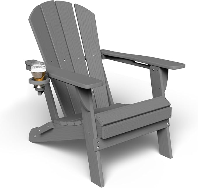 Kingdura Foldable Adirondack Chair, Portable HDPE All Weather Resistant Outdoor Patio Chair, Wooden Textured with Cup Holder, 380LBS Capacity for Poolside, Backyard, Deck, Fire Pit (Grey)