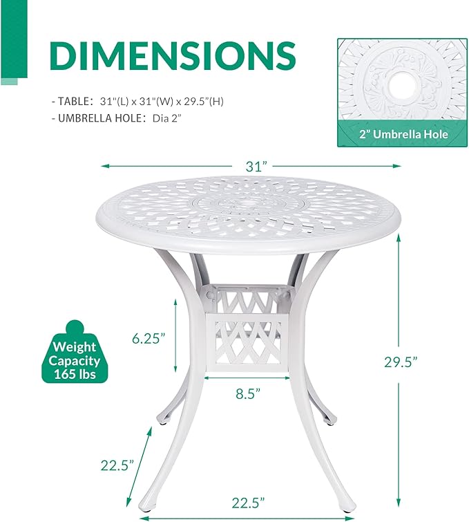 VIVIJASON 31" Patio Bistro Table Outdoor Dining Round Table White Cast Aluminum Table with Umbrella Hole