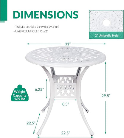 VIVIJASON 31" Patio Bistro Table Outdoor Dining Round Table White Cast Aluminum Table with Umbrella Hole