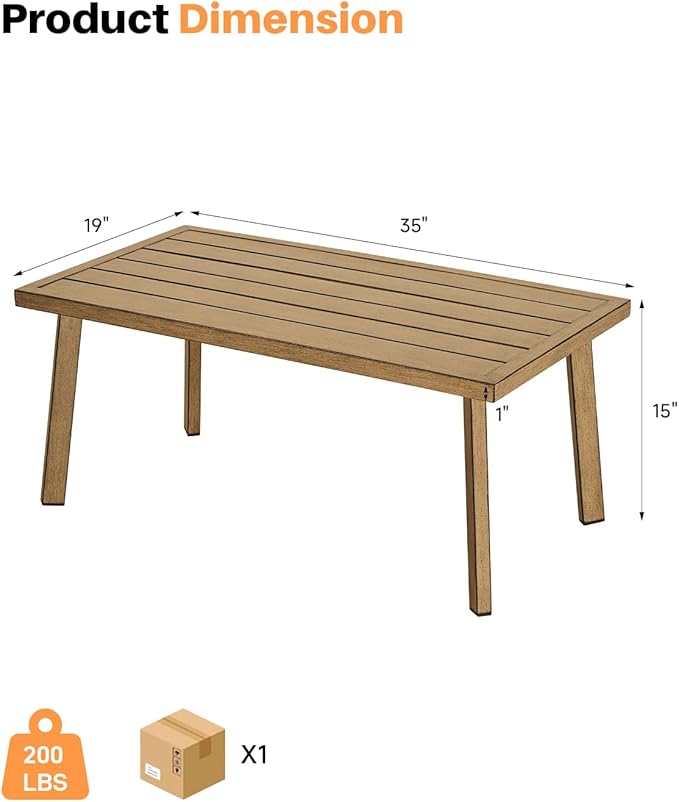 Patio Coffee Table, Never-Rust Aluminum Outdoor Coffee Table with Wood Grain Texture, Modern Rectangle Garden Coffee Table with Slatted Tabletop for Porch, Decks, Indoor, Balcony, Teak | Never-Rust, Wood Grain Texture, Slatted Tabletop