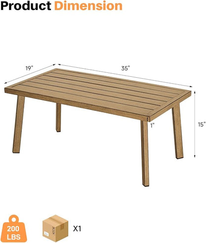 Patio Coffee Table, Never-Rust Aluminum Outdoor Coffee Table with Wood Grain Texture, Modern Rectangle Garden Coffee Table with Slatted Tabletop for Porch, Decks, Indoor, Balcony, Teak | Never-Rust, Wood Grain Texture, Slatted Tabletop