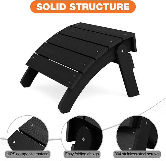 YEFU Adirondack Ottoman Set of 2, Patio Foot Rest, Adirondack Foot Rest, Folding Adirondack Footstool, Weather Resistant for Adirondack Chair, Widely Used for Outdoor, Porch, Backyard, Fire Pits-Black