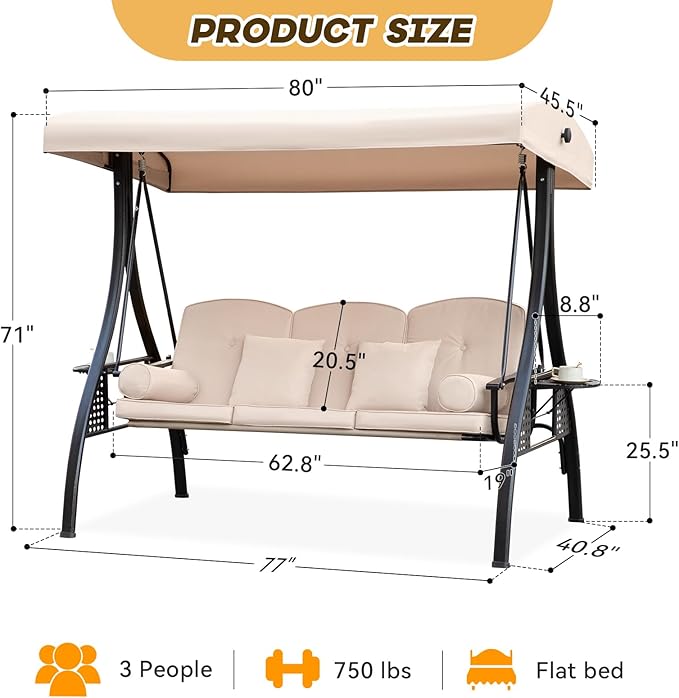 3 in 1 Outdoor Porch Swing with Adjustable Canopy, 3 Seat Outdoor Swing for Adults - Photo 7