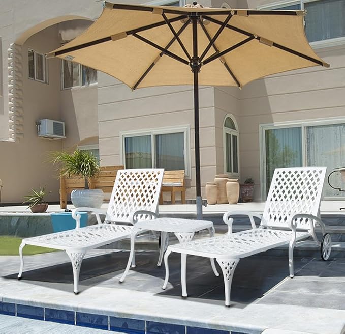 KEIKI Chaise Lounge Chair Outdoor Set of 2, Aluminium Cast Patio Chaise Lounge with Adjustable Backrest and Moveable Wheels, 3 Pieces Outside Tanning Chair, White and White (Side Table Not Included)