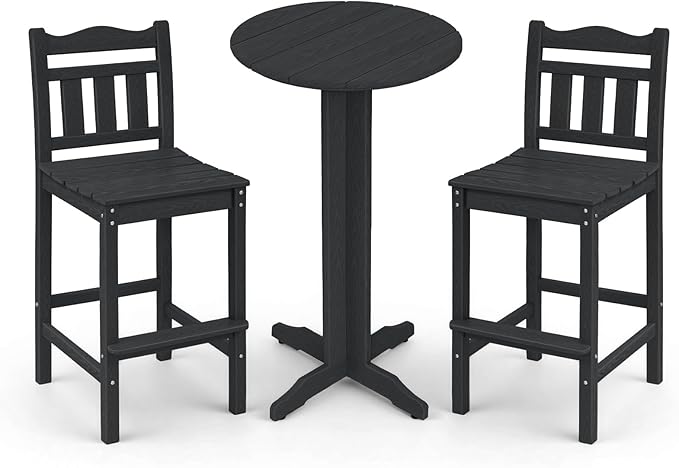 3-Piece Outdoor Bar Set, HDPE Adirondack Bar Height Chairs Set of 2 and Round Bar Table - Photo 1