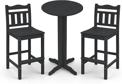 3-Piece Outdoor Bar Set, HDPE Adirondack Bar Height Chairs Set of 2 and Round Bar Table, All Weather Patio Bistro Set for Balcony, Poolside, Backyard (Black)